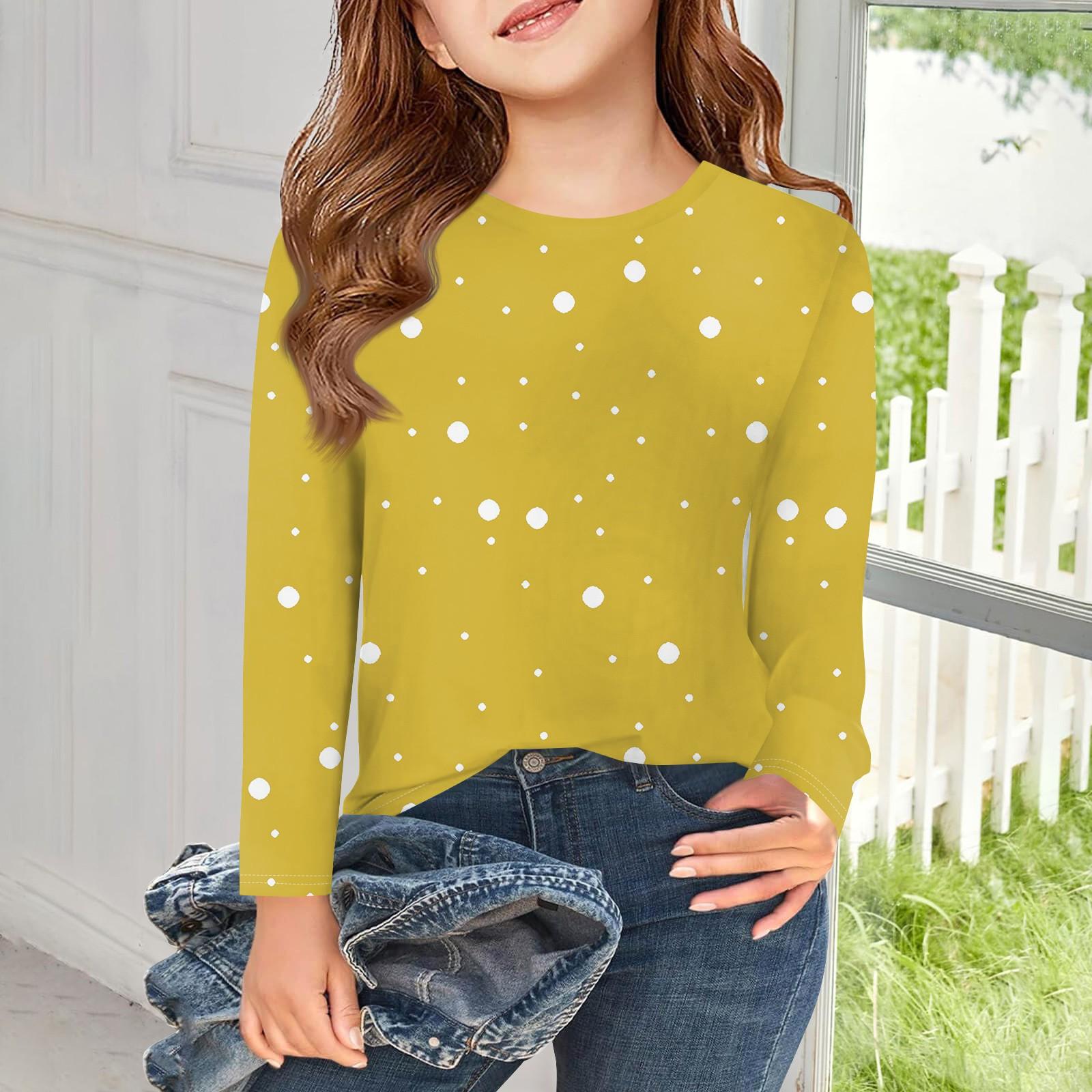 

Футболки с длинным рукавом для девочек, детские осенние топы, простые футболки с круглым вырезом и принтом в крапинку, 5–14 лет 160