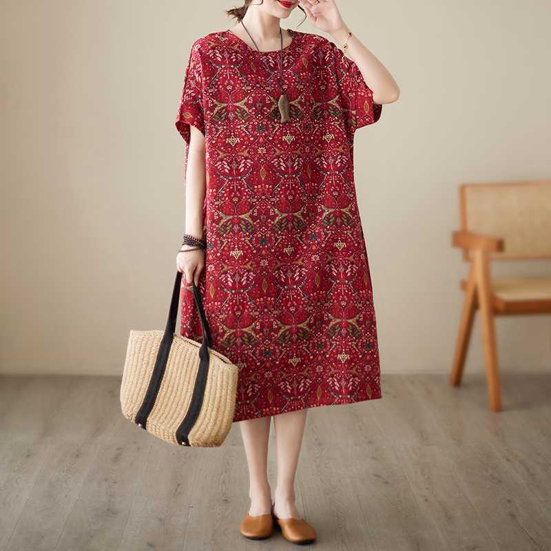 

Летние Новые Ретро Цветочные Литературные Женские Платья с Коротким Рукавом Длины до Колена One Size красный