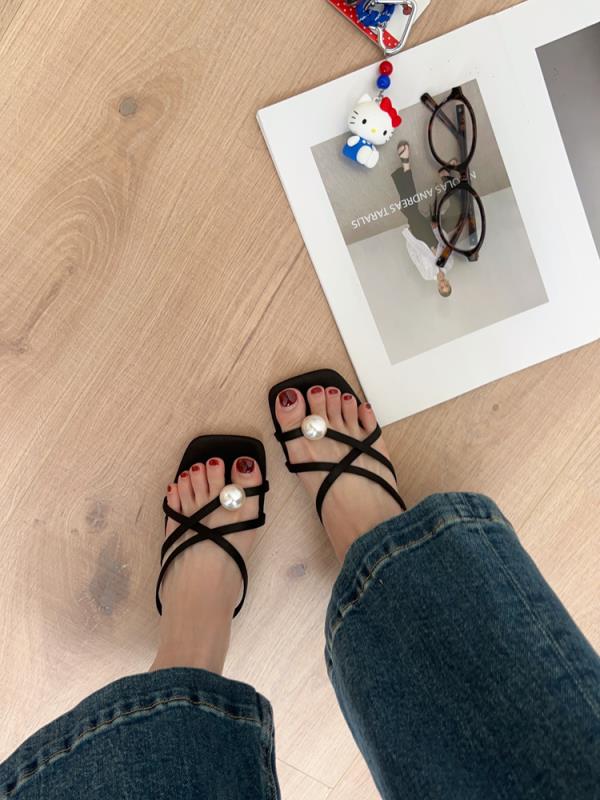 

Модные женские туфли-шлепанцы с бусинами на шнурке, мягкие шлепанцы, летние клоги, женские модные резиновые шлепанцы 2025, удобные, плоская подошва, пляжные, роскошные 35