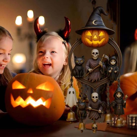 Halloween Gothic Wind Chime Spooky Bell Chime with Carved Pumpkin Lantern Ghost Grim Reaper Black Cat for Porch Lawn Window Decor