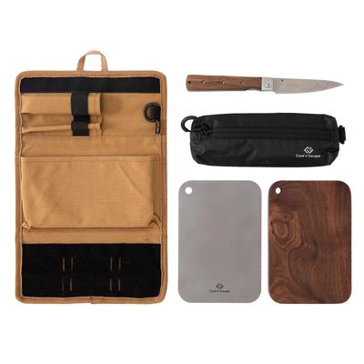 Cutting Board 5 Piece Storage Case Cutlery Cutting Board Folding Knife for Camping COOK'N'ESCAPE Set, Set, & Bag, Walnut/Titanium &