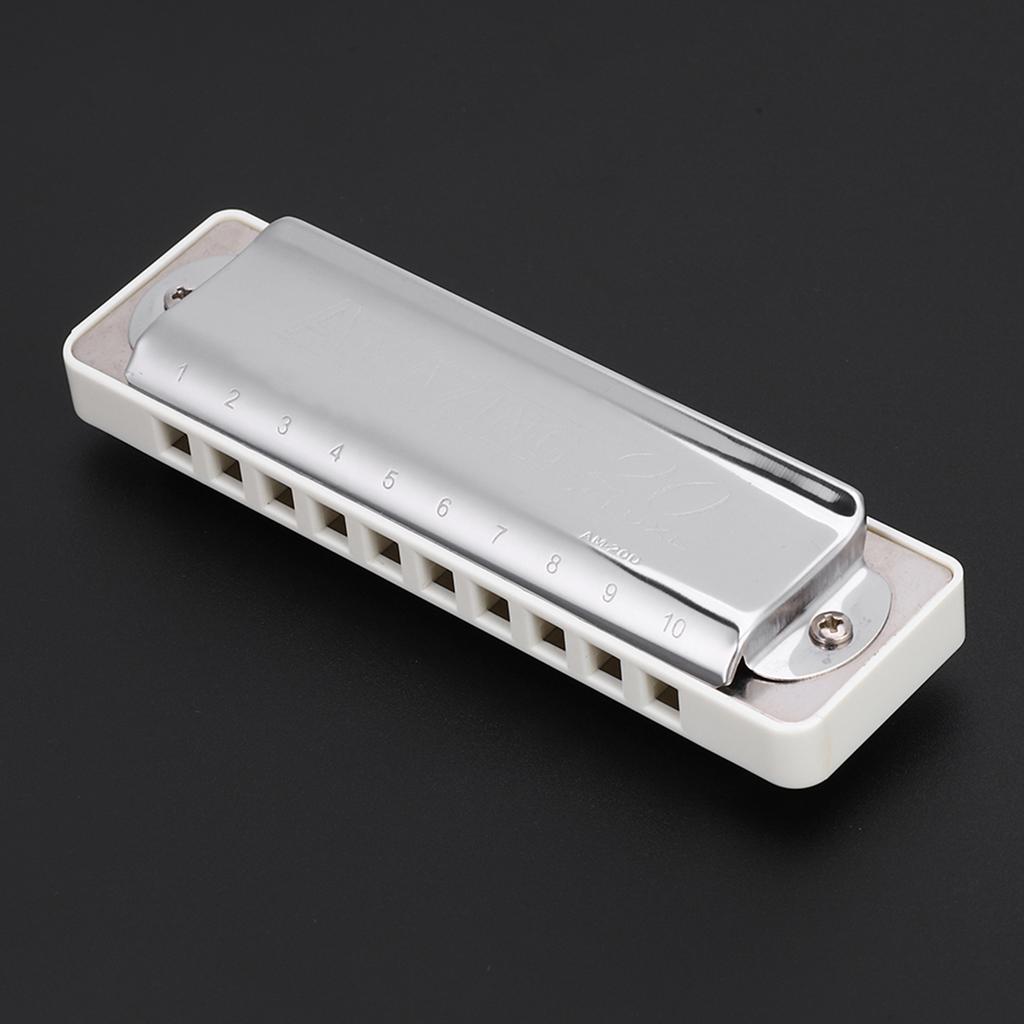 KONGSHENG AM 20D Phosphor Bronze Reed 10 Hole 20 Tone Blues Harmonica In the Key of D(White)