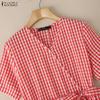 ZANZEA Women Casual V-Neck Summer Short Sleeve Plaid Print Dress