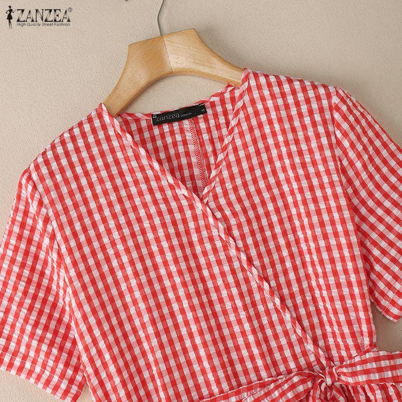 ZANZEA Women Casual V-Neck Summer Short Sleeve Plaid Print Dress