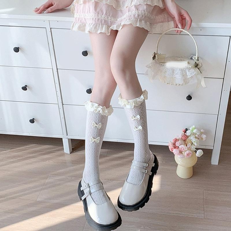 Women Japanese Aesthetic Hollowout Mesh Middle Tube Socks Striped Patterned Ruffle Trim Over Calf Socks with Bows Accent