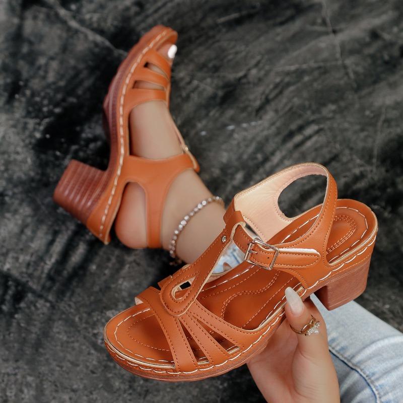 

Large size women s new summer one-word buckle sandals, metal buckle thick high-heeled comfortable sandals 36