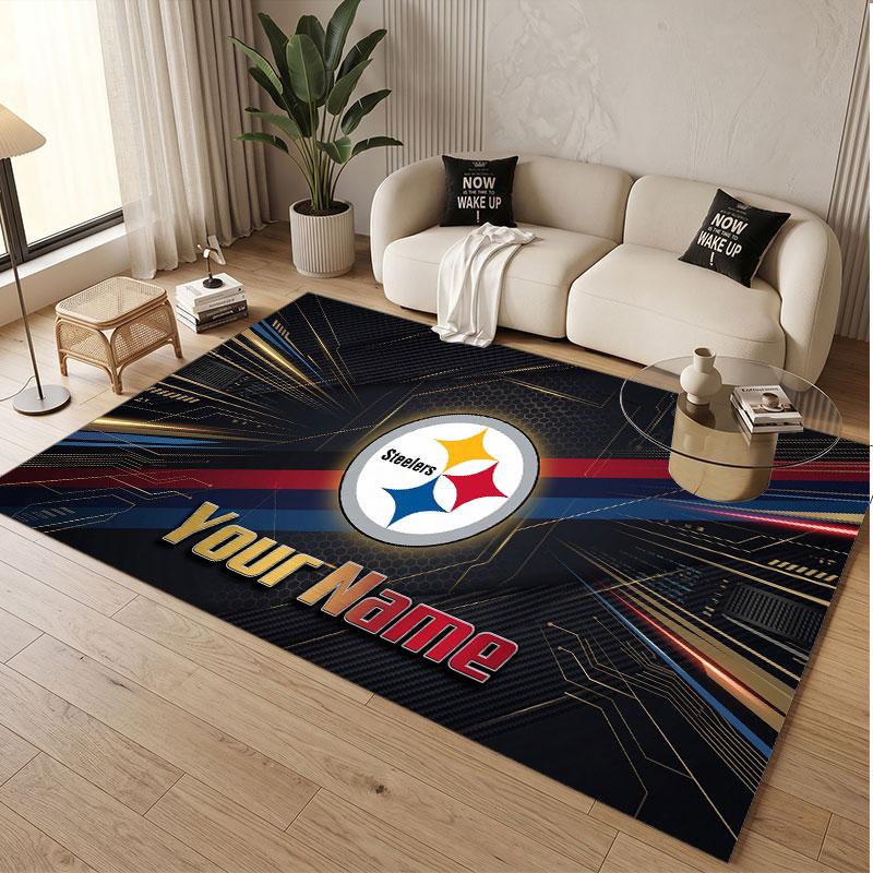 Custom Rug Pittsburgh Steelers Pattern Print Name Text Soft Non‑Slip Floor Carpet for Home Indoor Decoration
