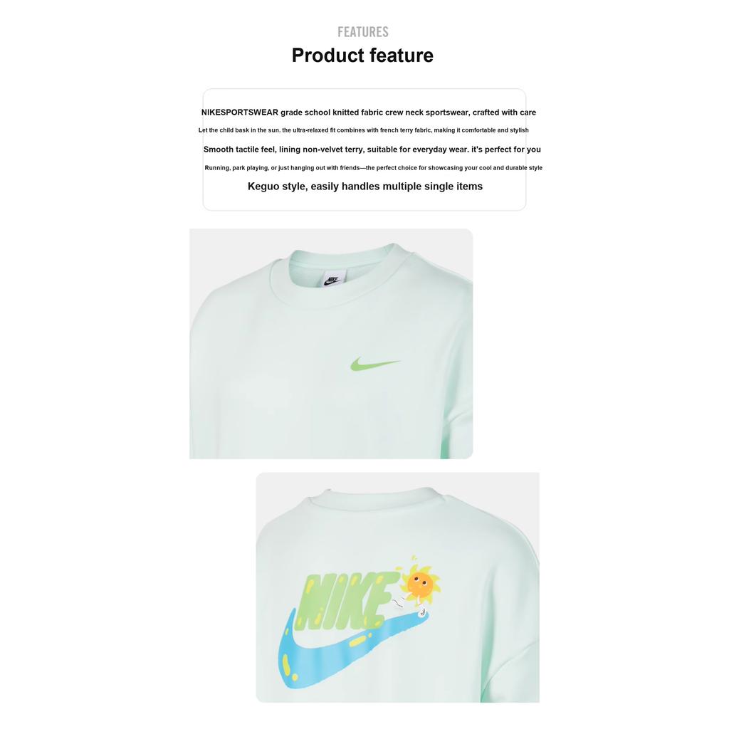 Nike Sportswear Solid Color Crew Neck Casual Pullover Long Sleeve Sweatshirt Kids sweatshirt Light-Green HF1126-394