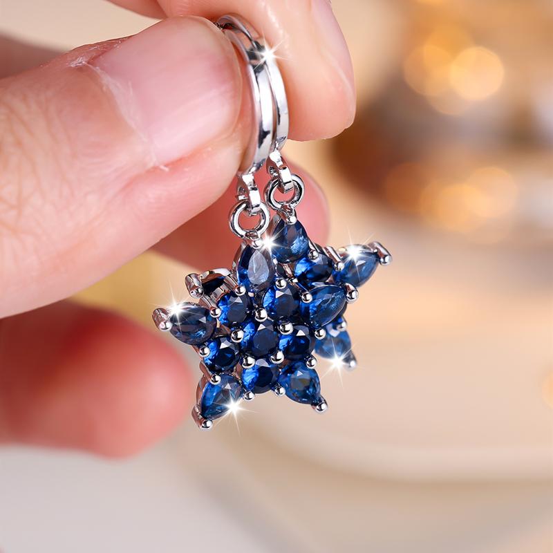 Exquisite Blue Star Round Zircon Dangle Earrings for Women Silver Color Unique Gift Party Jewelry for Women
