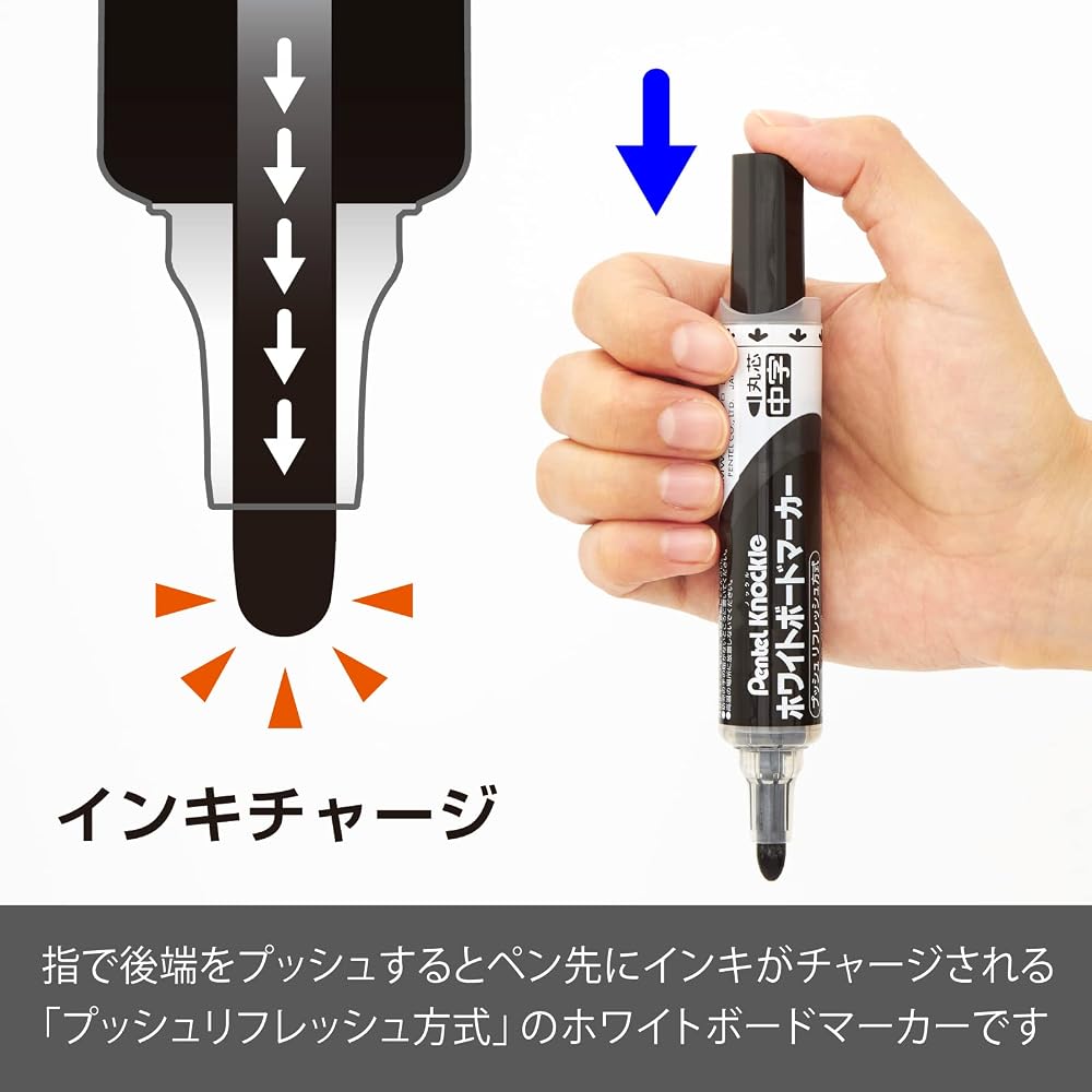 Pentel Whiteboard Marker Knocks, Round Core, Medium, EMWLM-A, Black, 10 Pcs