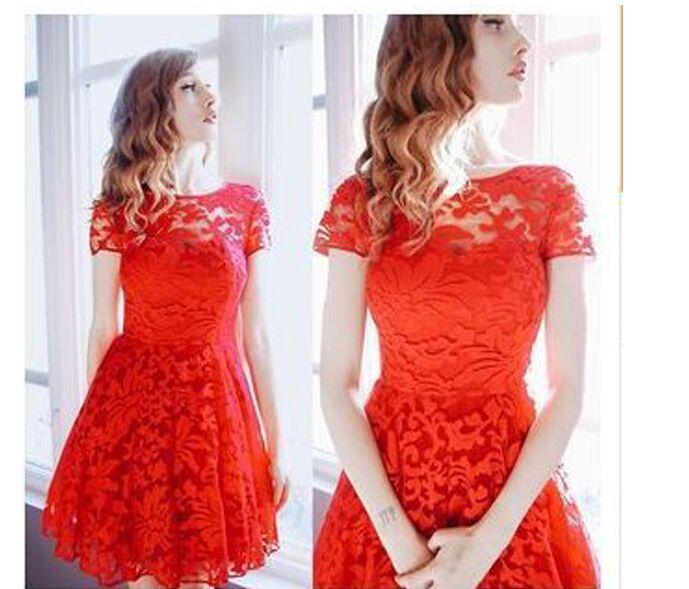 Elegant Blue Lace Trim Round Neck Short Sleeve Dress