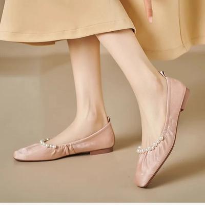 Fashion Temperament Square Head Low-heeled Ballet Shoes for Women Retro Pearl Decoration Slip-On Soft-soled Ladies Flat Loafers