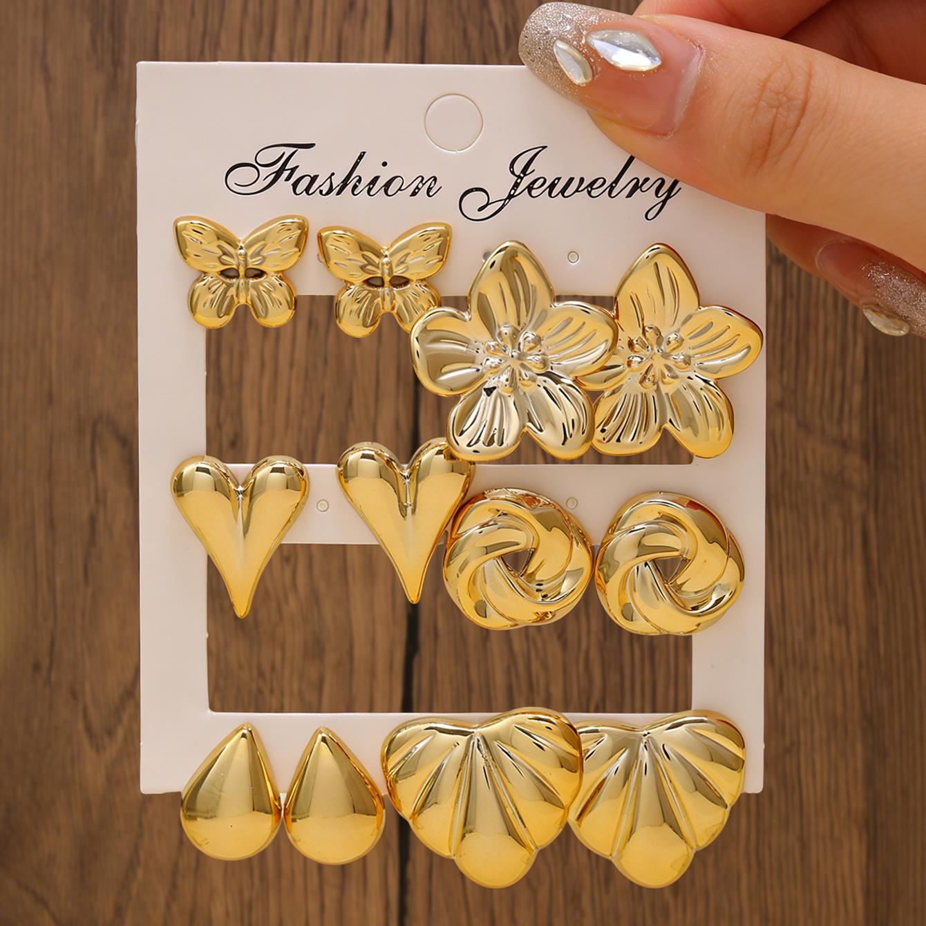 New gold stud earrings set female butterfly flower love water drop shape versatile earrings female