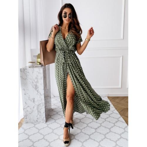 Summer Short Sleeve V-Neck Bohemian Polka Dot Print Dress Long Dress