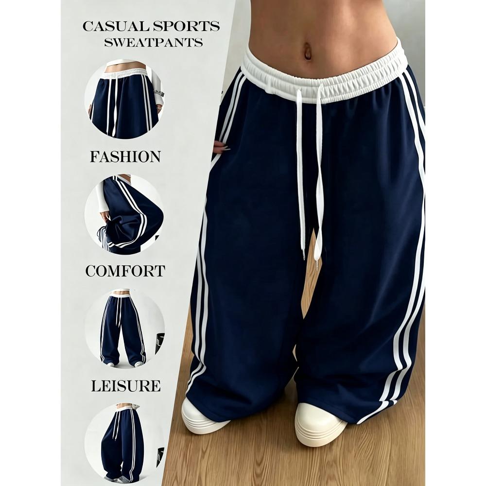 Dames Color Block Gestreepte Sneldrogende Gebogen Broek, Hoge Taille Losse Wijde Pijp Casual Sportbroek