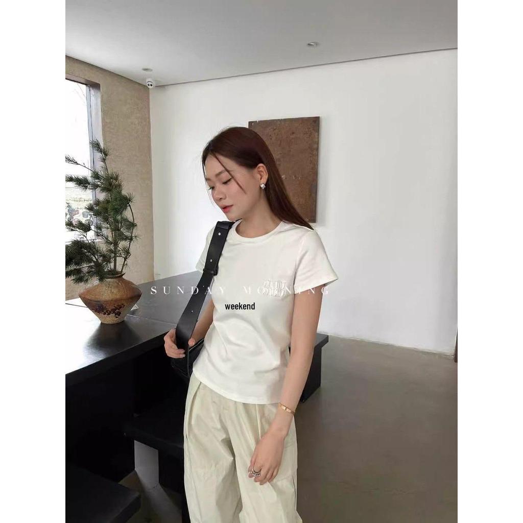 Women's Slim-Fit Stretch Cotton Tee - Simple Letter Print, Short-Sleeve, Summer Style