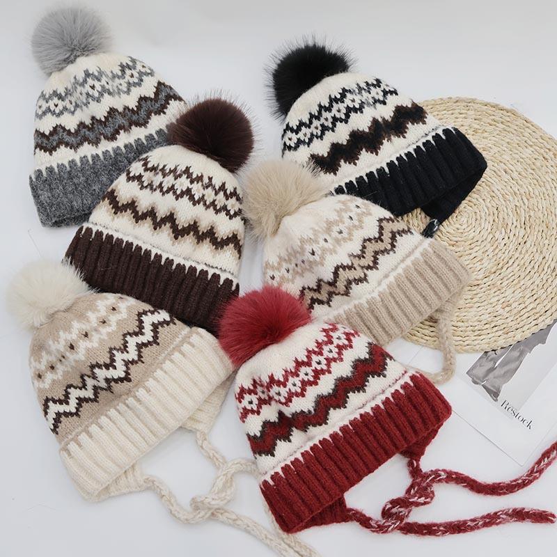 Fair Island Jacquard Ear Cap Women's Autumn and Winter Fleece Thickened Hairball Knitted Strap Windproof Warm Lei Feng Wool Cap