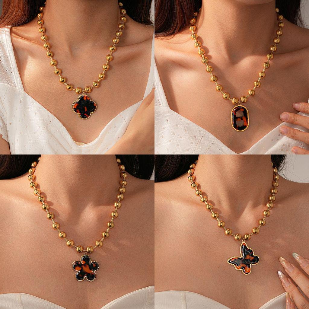 Retro European-American Beaded Titanium Steel Butterfly Flower Necklace with High-End Style
