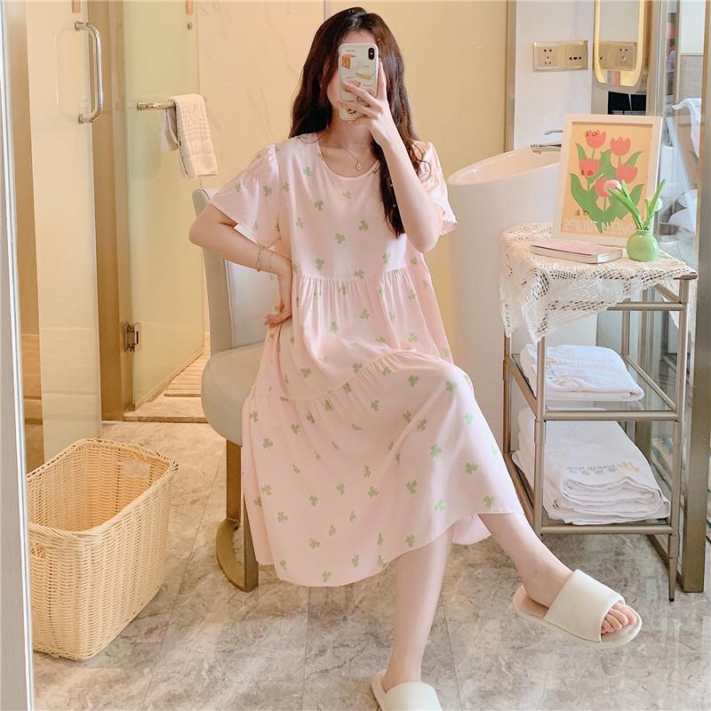 Cotton and silk nightgown women's spring and autumn casual short-sleeved large-size printed pajamas summer thin high-end cotton loungewear