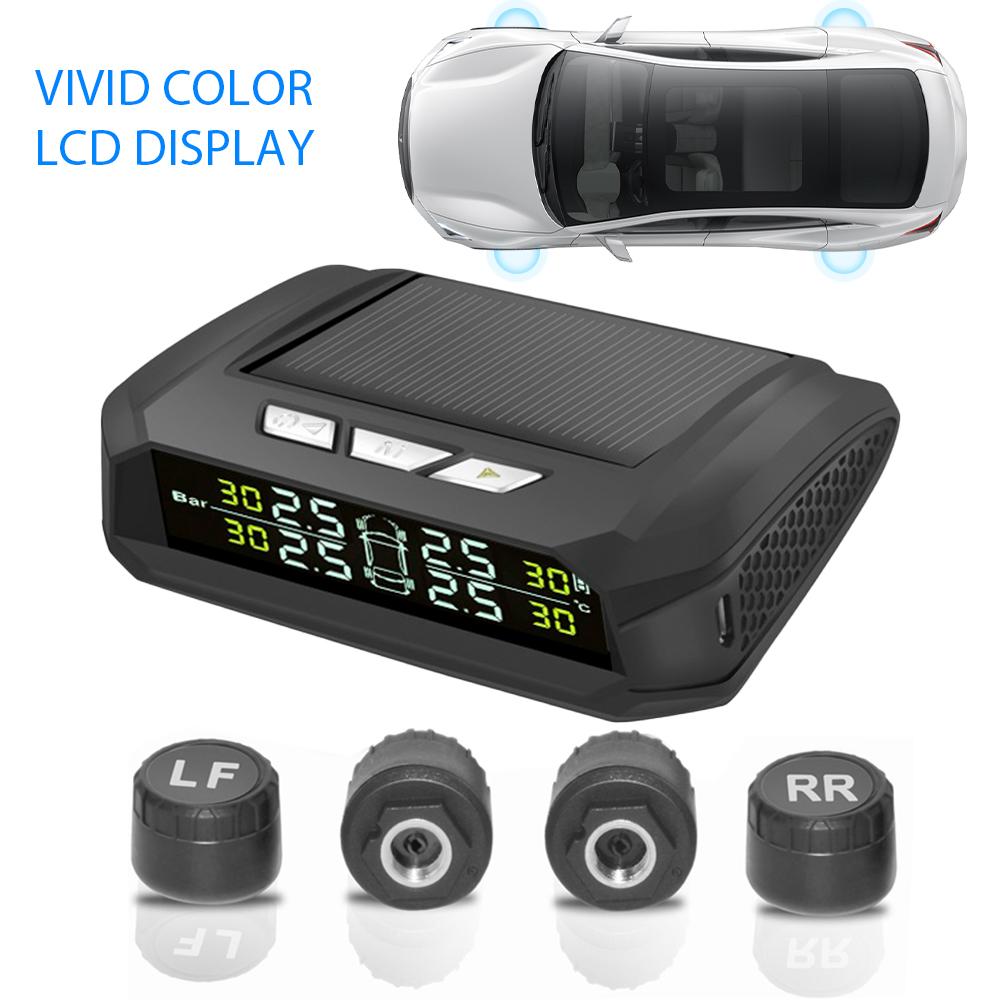 Solar/USB Charging Wireless TPMS W/ 4 External Sensors LCD 2-Digit Display Tire Pressure Monitor System 300mAh Lithium Battery