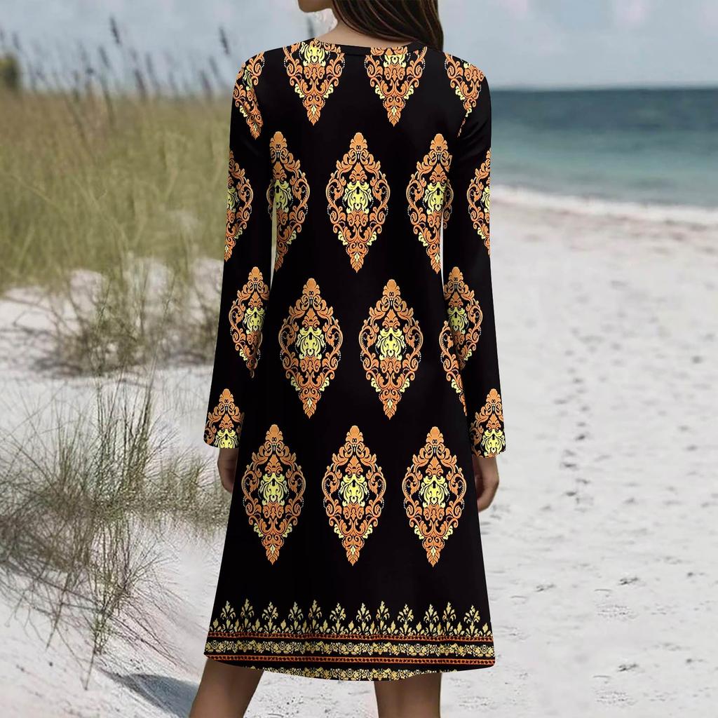 Long  Sleeve Dress For Women Casual Loose Fit Print Dress With Pockets
