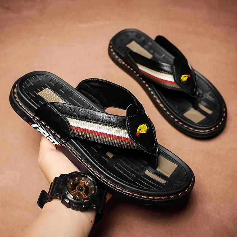 New Men Shoes Genuine Leather Slippers Street Trend Flip-flops Outdoor Cool Beach Shoes