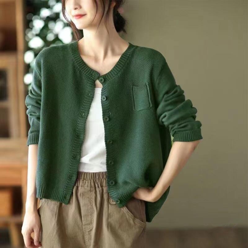 Autumn and Winter Solid Color Round Neck Sweater Jacket Fashionable and Casual Knitted Cardigan