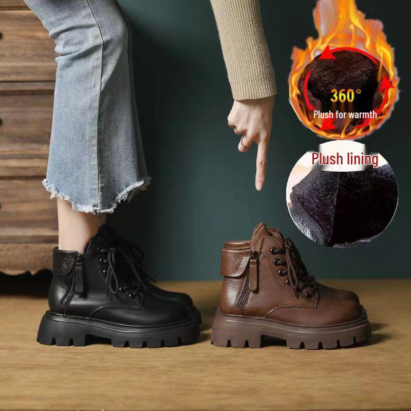 2025 Women's Retro Thick-Soled Brown Leather Motorcycle Martin Boots for Autumn/Winter