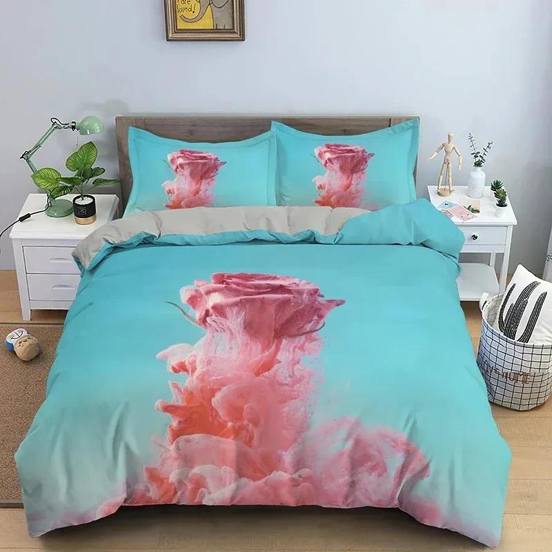 Blühende Blumen King Queen Bettbezug Rote Granatapfelblüte Bettwäscheset für Frauen Lieblich Floral 2/3-teilig Polyester Steppdeckenbezug