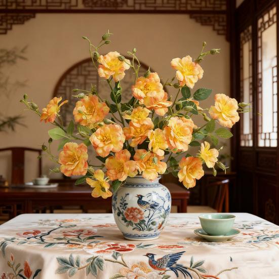 Artificial Chinese Rose Flower with Leaves UV Resistant Fake Silk Flower Wedding Party Table Centerpiece Indoor Outdoor Faux Bloom Decoration