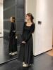 Women's French Black Pleated Square Neck Long Sleeve A-line Dress, Slim Fit Cinched Waist, New for Spring 2026