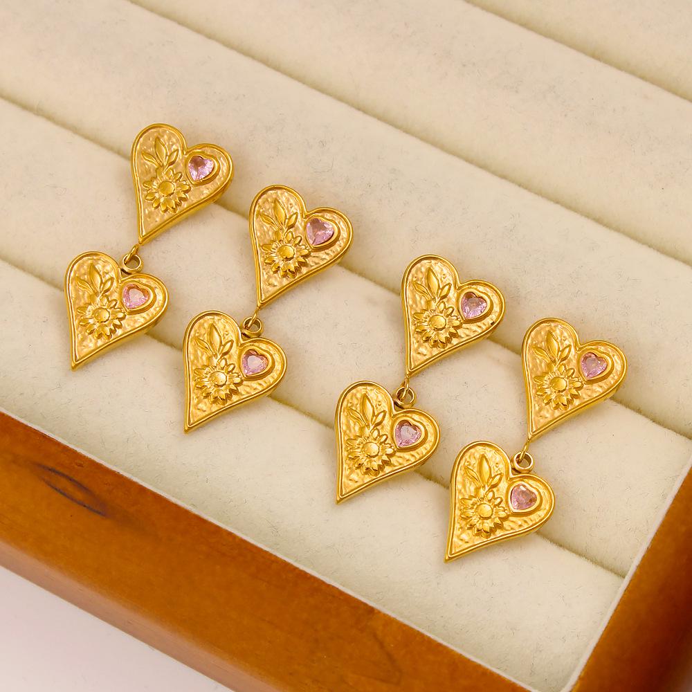 Elegant Retro Stainless Steel Heart Dangle Earrings with Pink Diamonds, 18K Gold Plated, Double Layer Design
