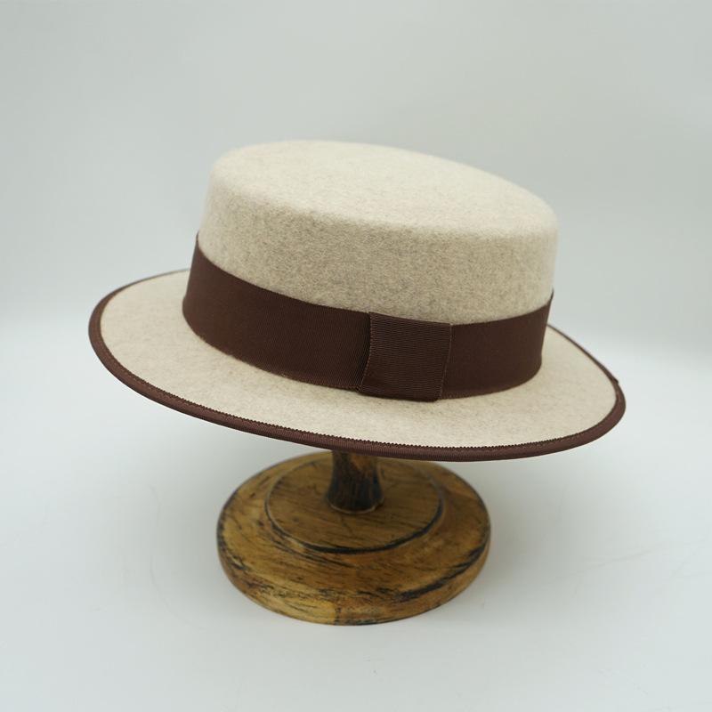 Maillard Style British Retro Japanese Korean Version Beige Wool Hemming Flat Top Top Top Hat Men'S And Women'S Autumn And Winter Felt