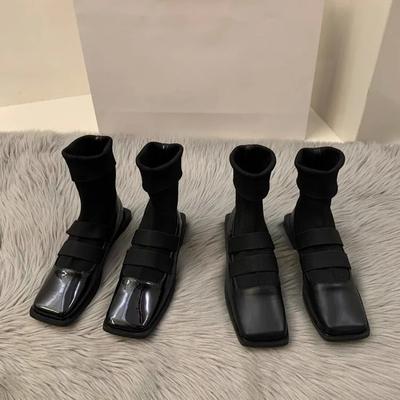 Botas de tricô quadradas estilo britânico da moda 2025 novas botas femininas mocassins emagrecedores de alta qualidade botas de tornozelo femininas sapatos únicos