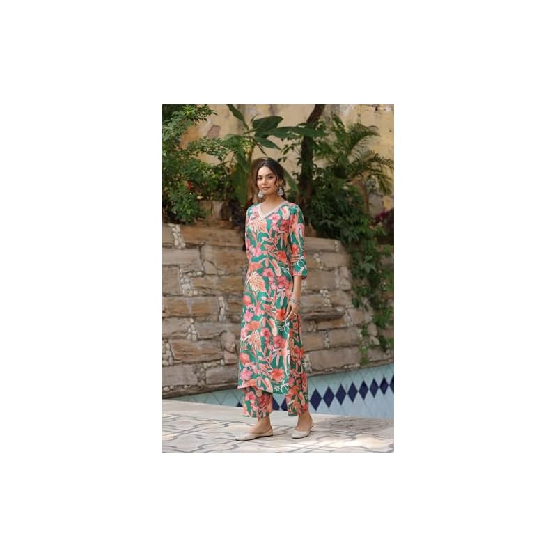 ANNI DESIGNER Women s Cotton Blend Straight Printed Kurta with Palazzo (Chinki Green_XL_Green_X-Large) XL зелёный