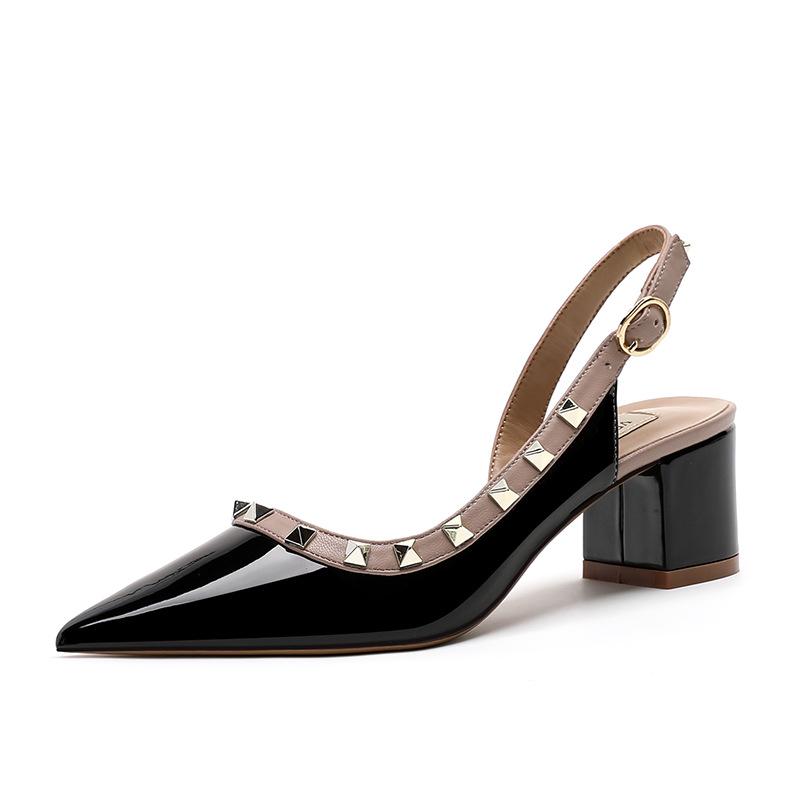 2024 Summer Mid-Heel Nude Pointed-Toe Studded Peep-Toe Chunky Heel Backless Sandals for Women