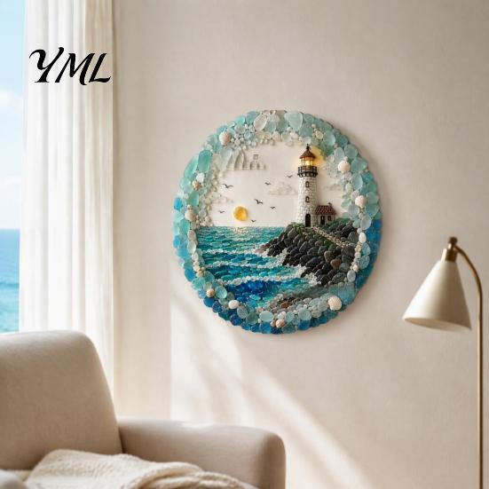 Housewarming Gift for Beach House Lighthouse Sea Glass Art Wall Ornament, Hand Assembled Shells And Tumbled Decorative Ornament Decor, Style