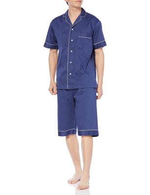 Schlafanzug KaiminNavi Guter Schlaf Navi Kurzarm Länge Hose Seidensatin Streifen L [Gunze] 6/4 Herren Blau_GM1021