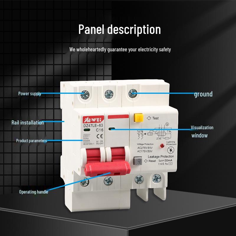 220V Dual-Pole Circuit Breaker: Lightning Protection, Over/Under Voltage, Leakage Guard, 32A/63A.
