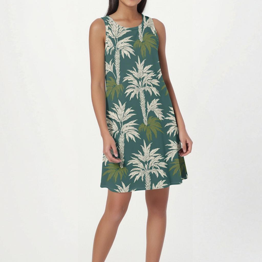 Women's Fashion Beach Dress Sleeveless Round Neck Floral Print Dress