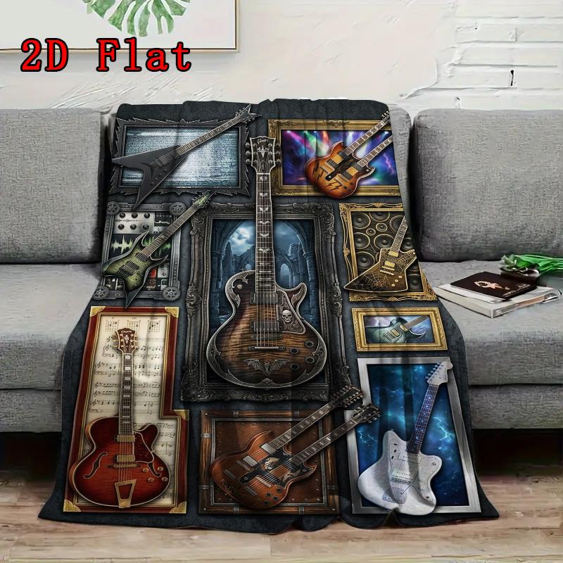 Guitar Art Collage 2D Flat Pattern Flannel Blanket, High Quality All Seasons, Home Decor, Warmth and Comfort, Perfect for Christmas Gifts.