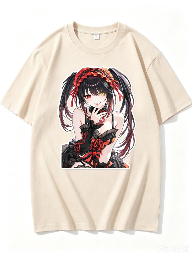 2026 New Unisex Crew Neck Casual Short Sleeve TShirt With Finger On Mouth Kurumi Tokisaki Cutout Anime Print TShirt