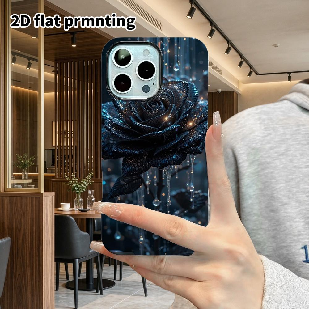 Phone Case: 2D Flat Suitable for iPhone 18, 17, 16, 15, 14, 13 Pro Film Protective Case, Couple Style, Crystal Black Rose, Christmas and Halloween Gif