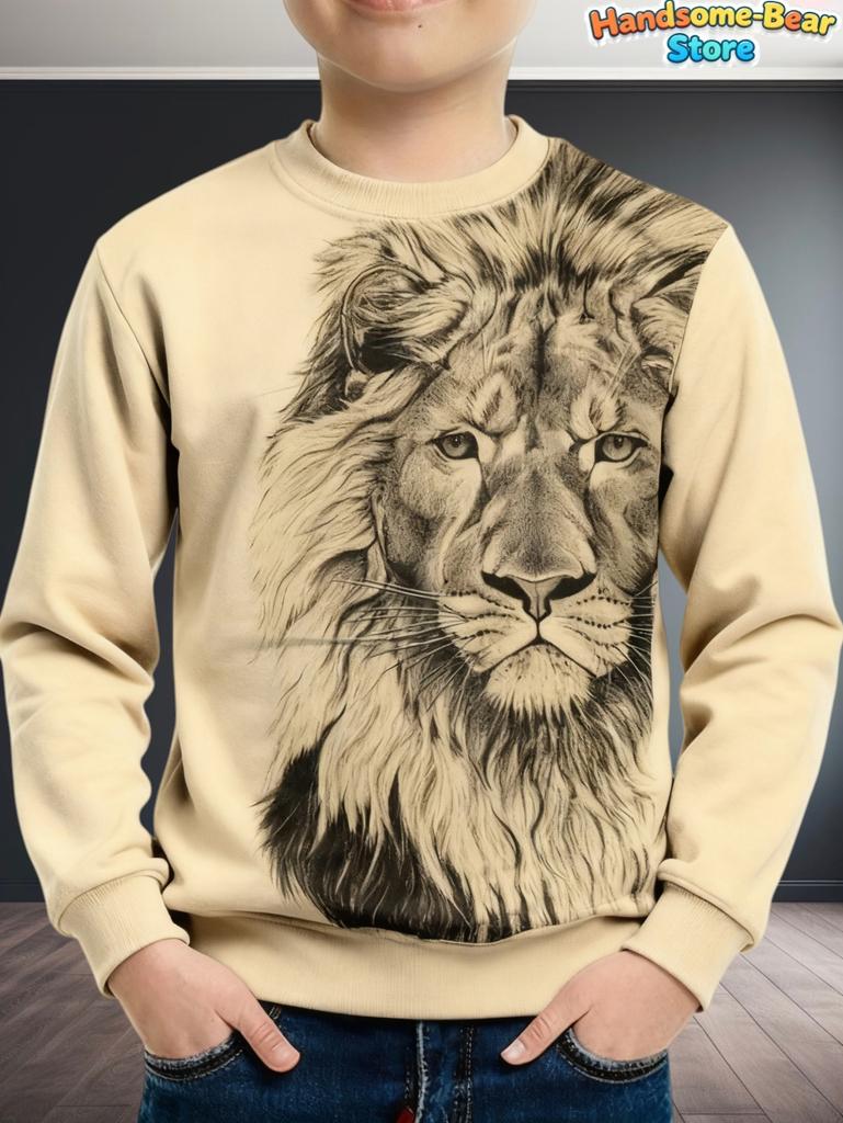 Boys Wolf Print Long Sleeve Crew Neck Sweatshirt Soft Breathable Casual Wear Outdoor Activities Autumn Essential Clothing Hoodie