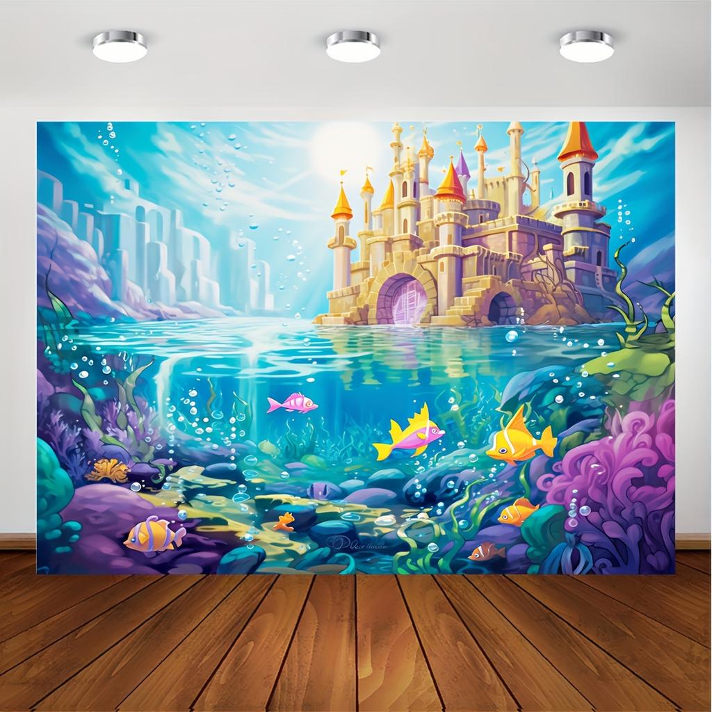 A photography background featuring mermaids, with elements of an underwater castle