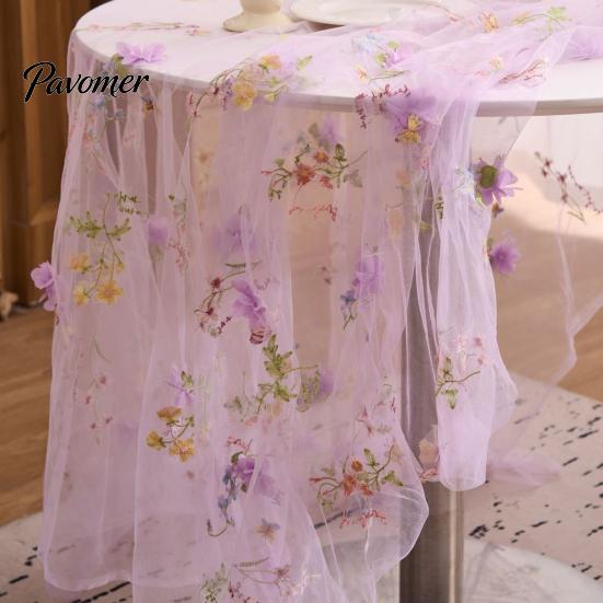 Bridal Shower Table Overlay Lace Embroidery Floral Tablecloth, 3D Flower Tulle Sheer Cover, Seasonal Wrinkle Resistant Tablecloth Colorful Cloth