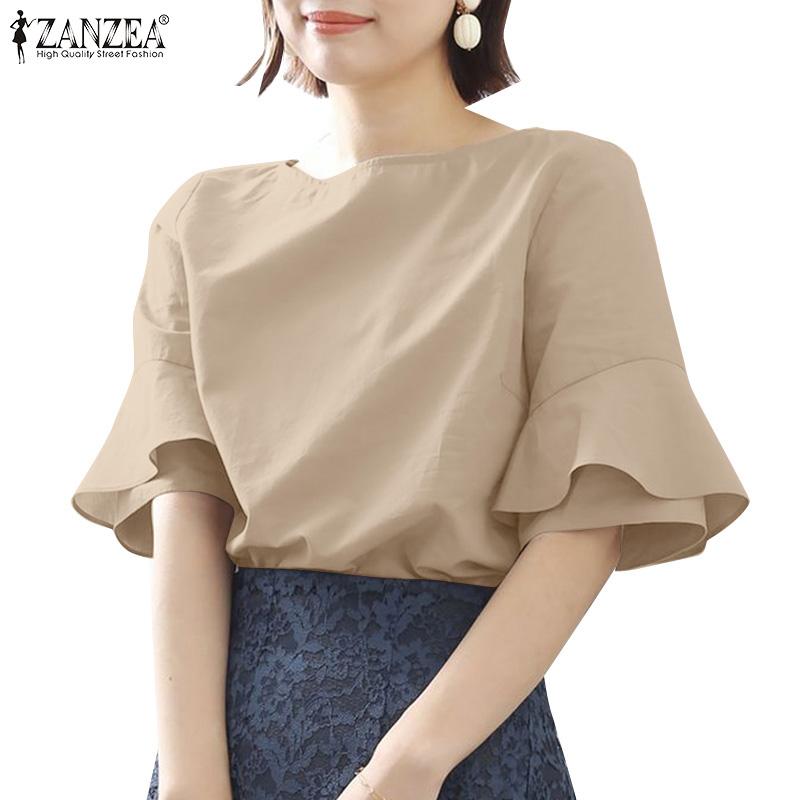 ZANZEA Damen Lässig Rundhals Rüschenärmel Locker Sommerbluse