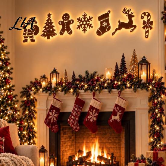 Christmas Atmosphere Ambient Light 7PCS Wooden Wall Lights, Warm LED Backlight Glowing Silhouette Decorative Elk Figures Pendants, Rustic Style