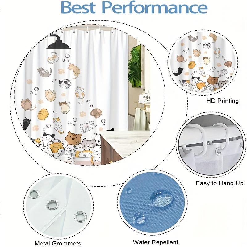 1Pc Cartoon Cat Shower Curtain - Fun Bathing Cats & Kittens, Polyester, 12 Hooks, Whimsical Bathroom Decor For Cat Lovers