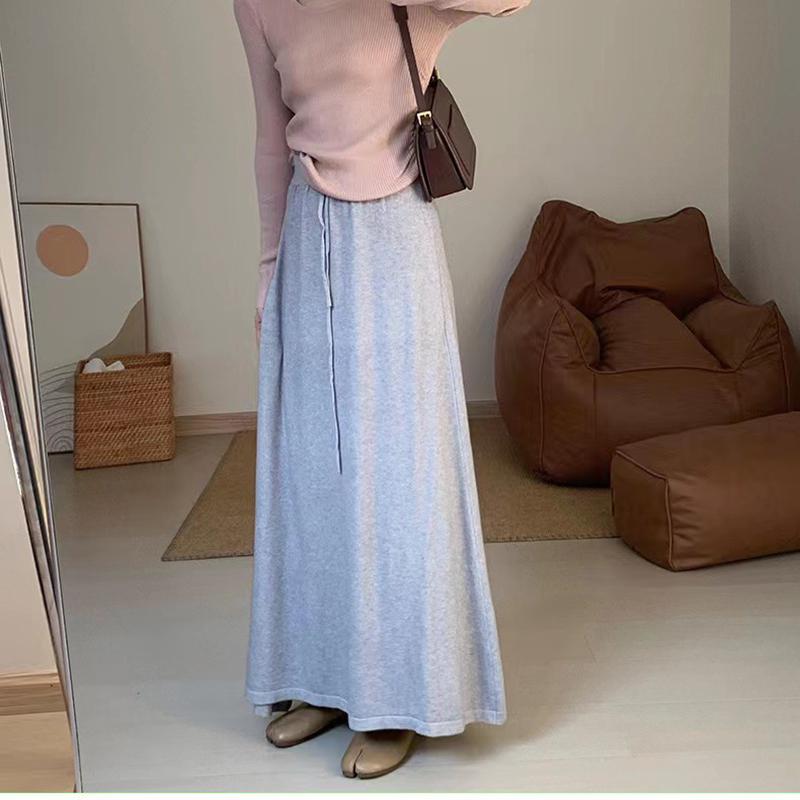 Knitted Skirt Women's High Waist Drawstring A- Line Skirts Autumn Winter New Style French Style Skirts